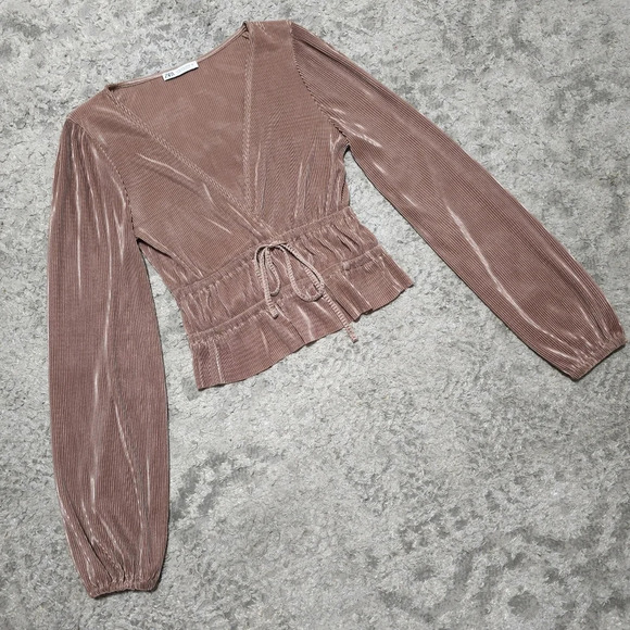 ZARA Balloon Sleeve Accordian Pleated Surplice Front Peplum Top, Taupe Color, S - Picture 9 of 14
